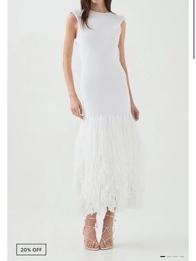 AJE White Raffia Feather Hem Bodycon Midi Dress size small